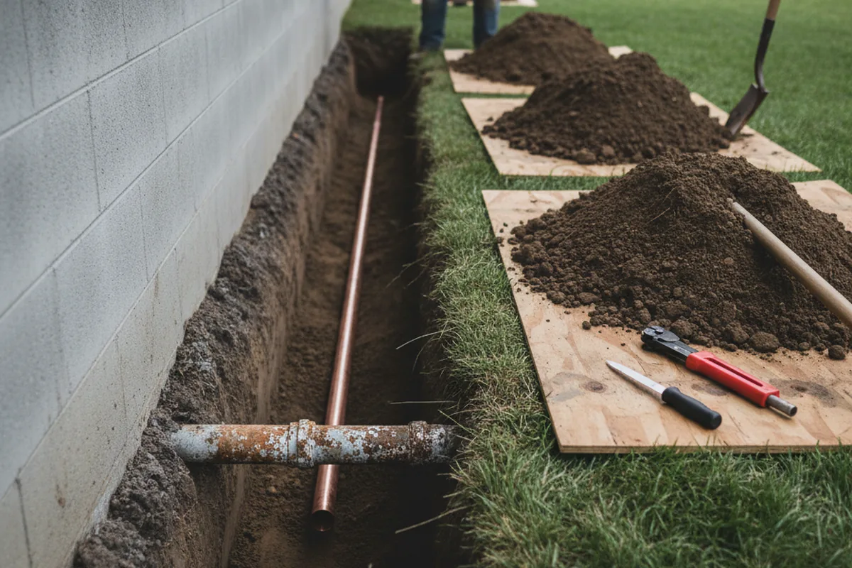 Excavated water line trench during Sewer Line Repair in Ranger